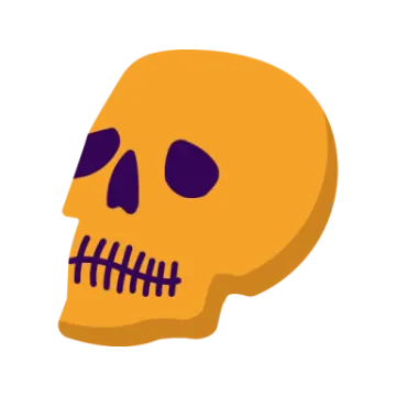a yellow skull with purple eyes