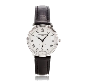 a white dial watch with black leather strap