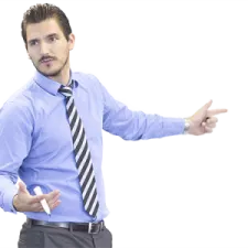 a man in a blue shirt and tie with his hands out