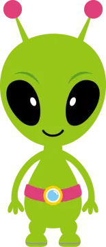 a green alien with big eyes and a pink collar
