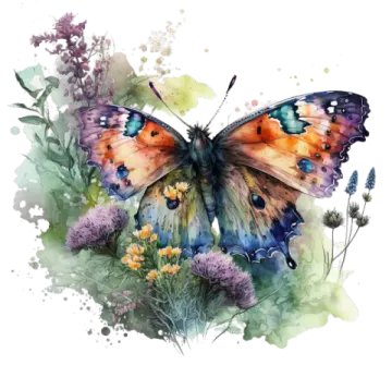 a watercolor painting of a butterfly and flowers