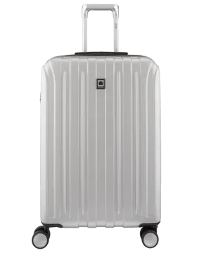 a white suitcase with wheels
