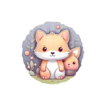 a fox and her cub are sitting in the woods