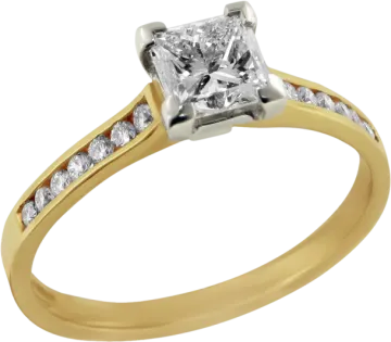 a yellow gold engagement ring with a princess cut diamond