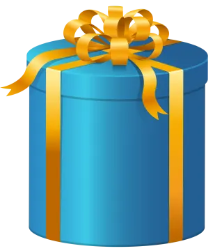 a blue gift box with gold ribbon