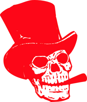 a skull wearing a top hat and smoking a cigarette