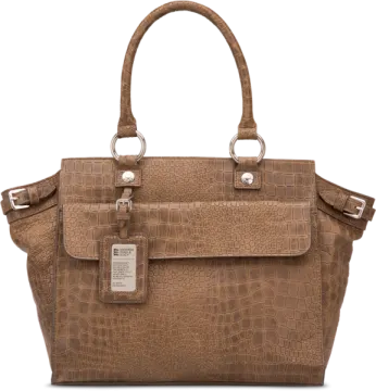 an image of a brown crocodile print handbag
