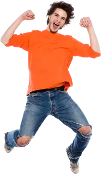 a man jumping in the air with his hands up