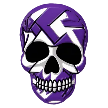 a purple and white skull with black eyes