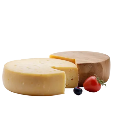 a piece of cheese next to a slice of fruit
