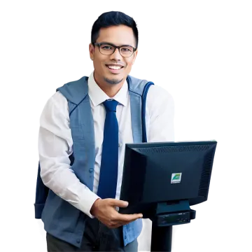 a man in a blue vest holding a computer