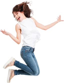 a woman jumping in the air with her arms outstretched
