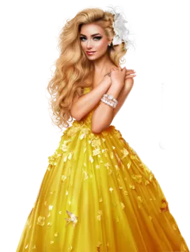 a woman wearing a yellow dress with flowers on it