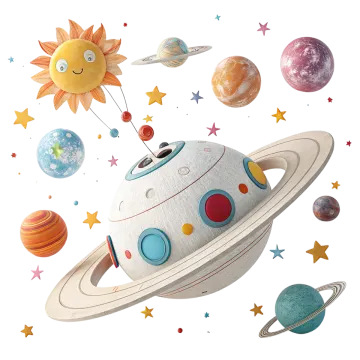 an illustration of a spaceship with planets and stars