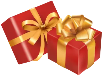 two red gift boxes with gold bows
