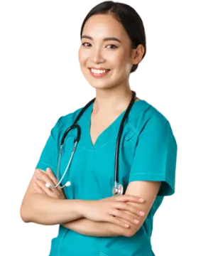 a woman in scrubs standing with her arms crossed