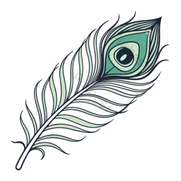 a green and black feather on a white background