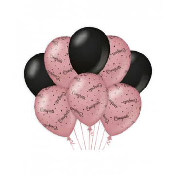 a bunch of pink and black balloons with the words happy birthday
