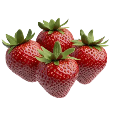 three strawberries with green leaves on top