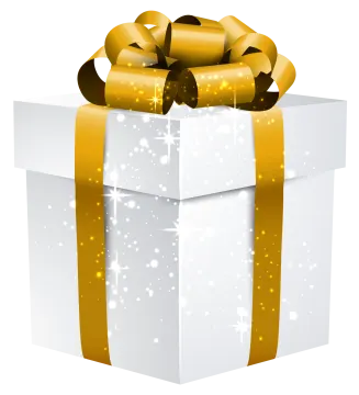 a white gift box with gold ribbon and bow