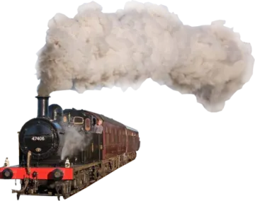 a black and red train with smoke coming out of it
