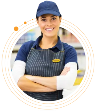 a woman in an apron and hat with her arms crossed