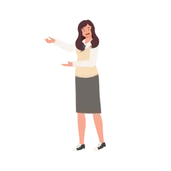 a woman in a business suit pointing at something