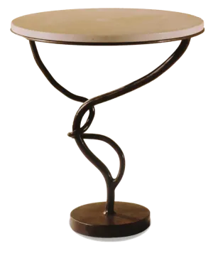 a table with a metal base and a wooden top