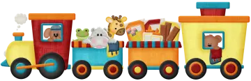 an illustration of a train with animals on it