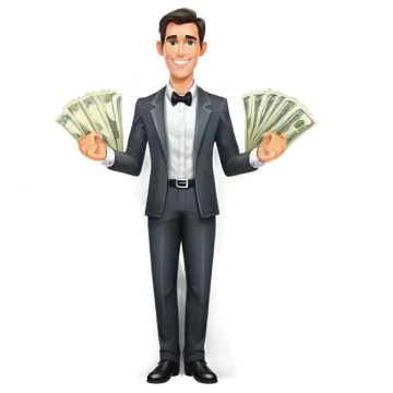 a cartoon man in a tuxed suit holding money