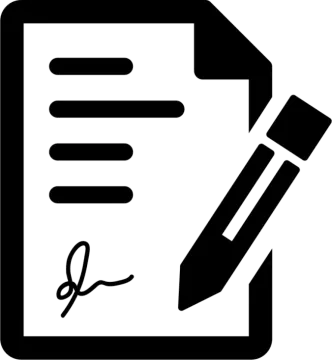a black and white icon of a paper with a pen