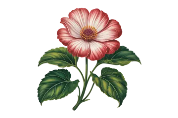 a pink flower with green leaves on a white background