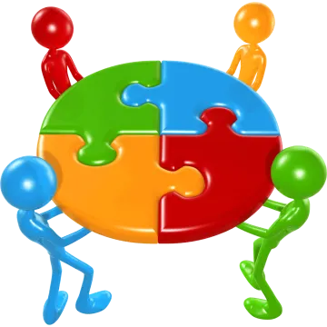 a group of people standing around a puzzle