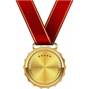 a gold medal with red ribbon