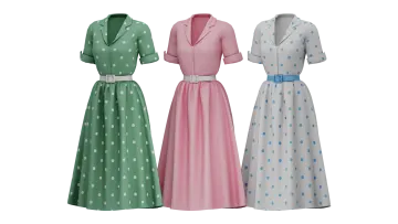 three women's dresses in different colors
