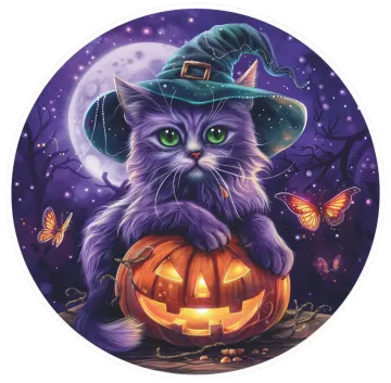 a cat wearing a witch hat sitting on top of a pumpkin