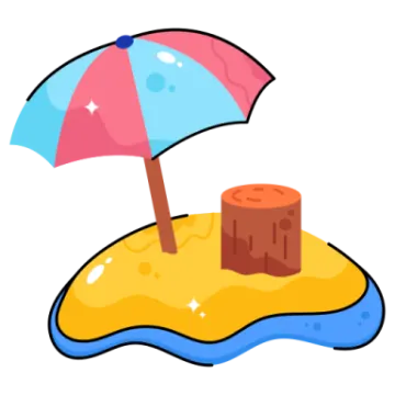 a beach with an umbrella and sand castle