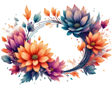 a floral wreath with orange and blue flowers