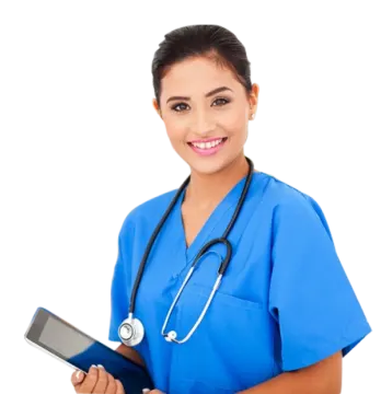 a woman in blue scrubs holding a tablet