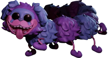 a purple and black dog with its mouth open