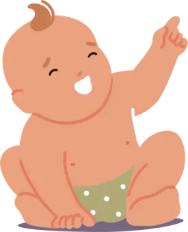 a baby sitting on the ground with his hands up