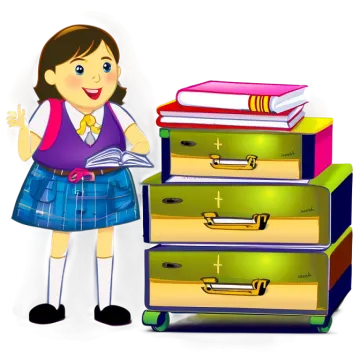 a girl standing next to a stack of books