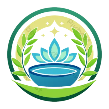 a blue bowl with green leaves around it