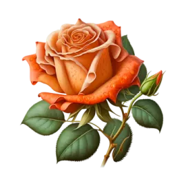 an orange rose with green leaves on it