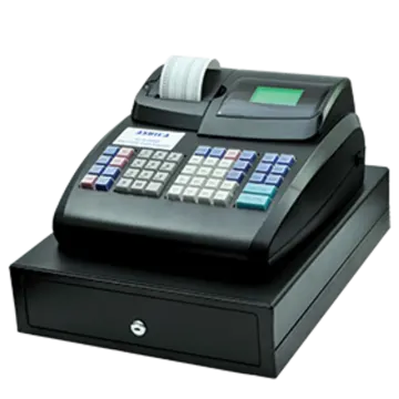 a black cash machine with a white background