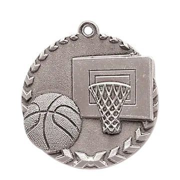 a basketball medal with a ball and hoop