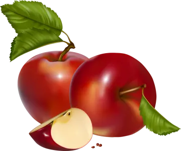 two red apples with green leaves