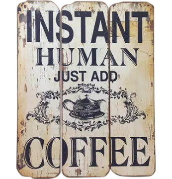 a wooden sign that says instant human coffee
