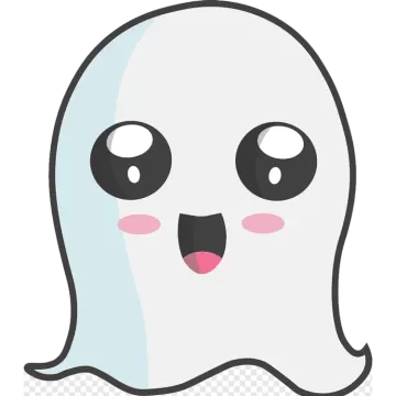a white ghost with black eyes and a pink nose
