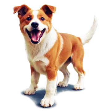 a brown and white dog standing on a white surface